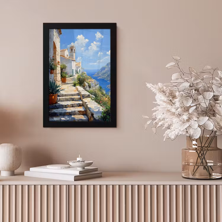 Poster met lijst - Trap - Huizen - Berglandschap - Zee — 5
