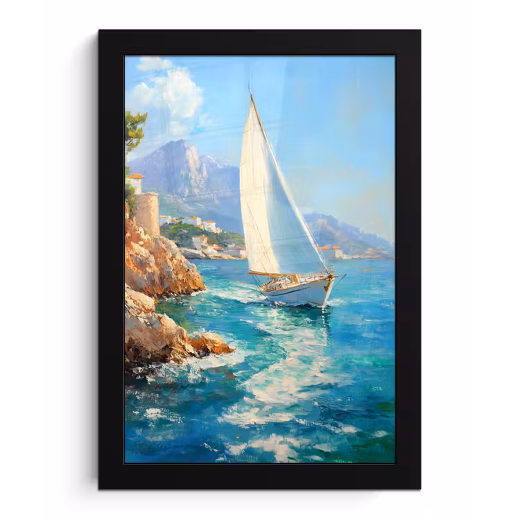 Poster met lijst - Zeilboot - Rotsen - Kust - Huizen — 1