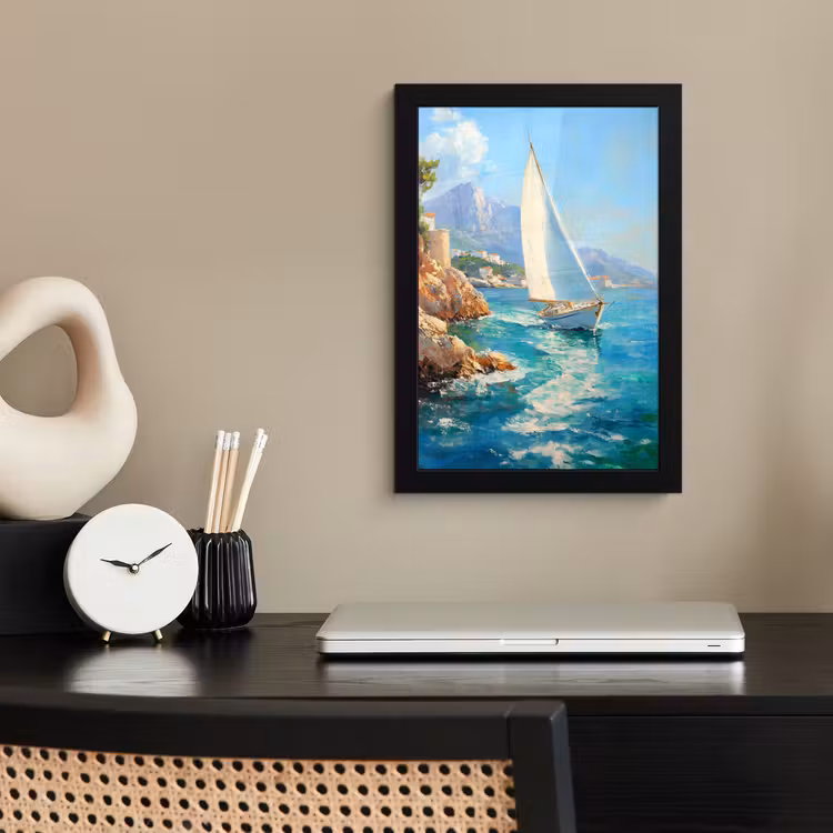 Poster met lijst - Zeilboot - Rotsen - Kust - Huizen — 2