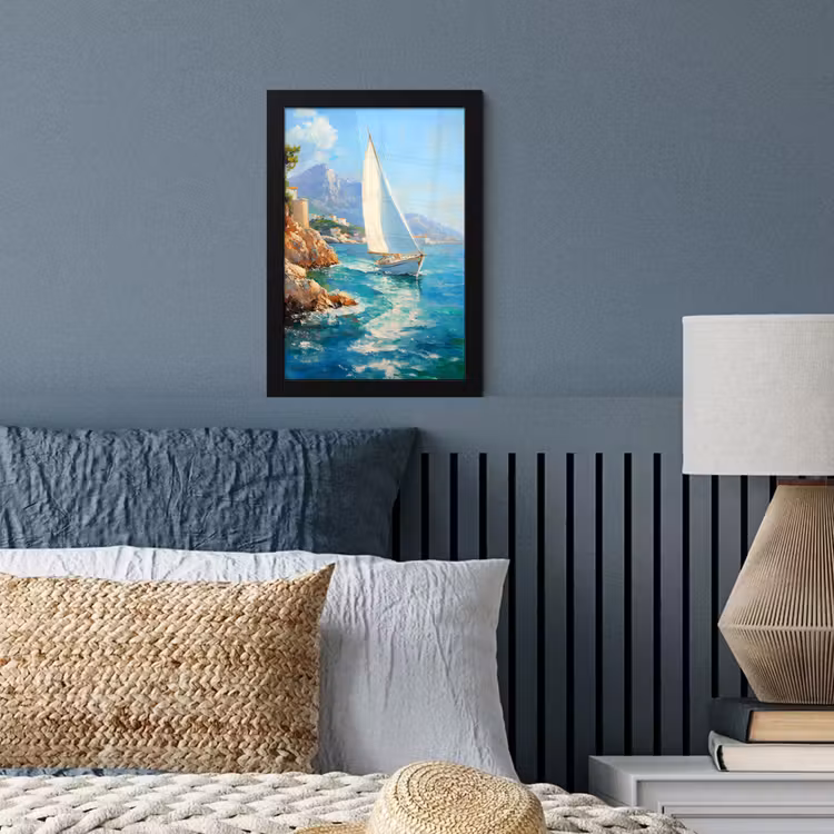 Poster met lijst - Zeilboot - Rotsen - Kust - Huizen — 3