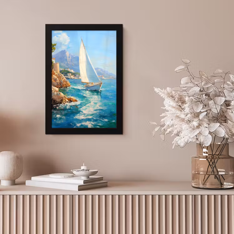 Poster met lijst - Zeilboot - Rotsen - Kust - Huizen — 5