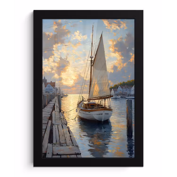Poster met lijst - Zeilboot - Zon - Pier - Hout — 1
