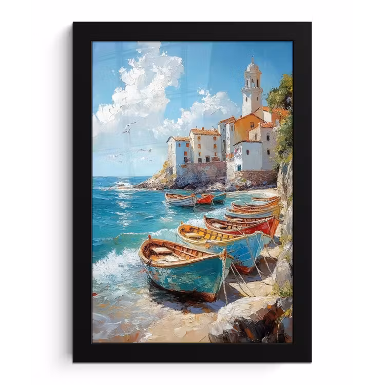 Poster met lijst - Boten - Rotsen - Zee - Zon — 1