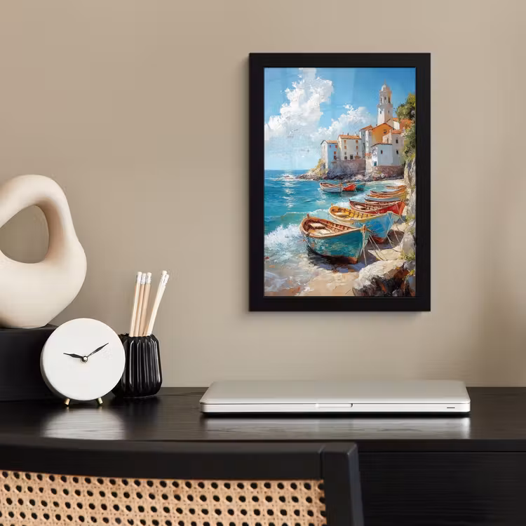 Poster met lijst - Boten - Rotsen - Zee - Zon — 2