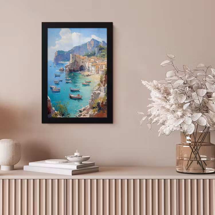 Poster met lijst - Kustdorp - Schilderij - Rotsen - Boten — 5