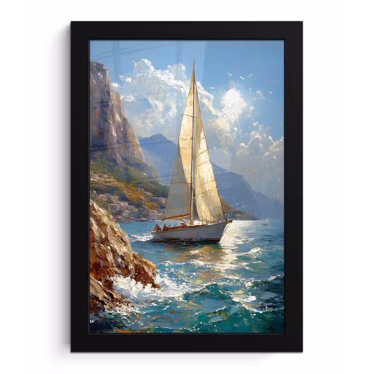 Poster met lijst - Zeilschip - Zee - Rotsen - Wolken — 1