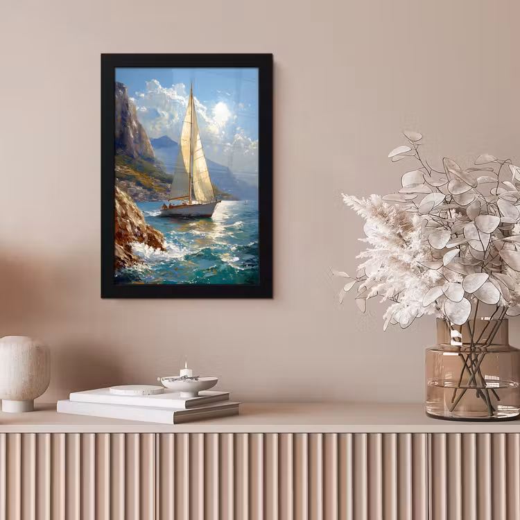 Poster met lijst - Zeilschip - Zee - Rotsen - Wolken — 5