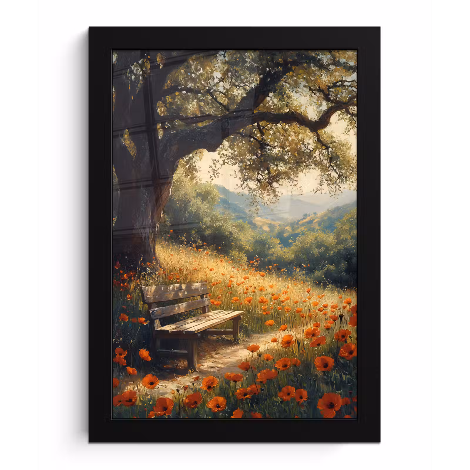 Poster met lijst - Bankje - Boom - Klaprozen - Heuvels — 1