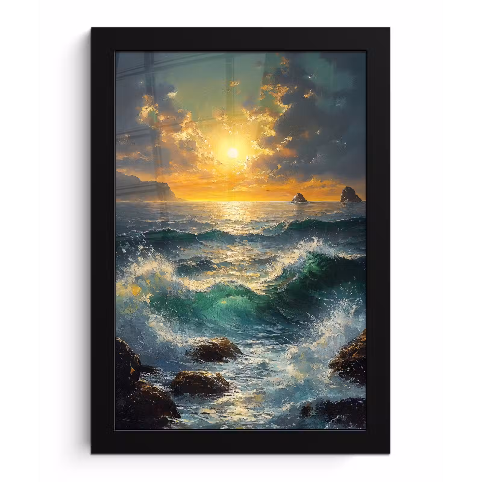 Poster met lijst - Zee - Zon - Golven - Rotsen — 1