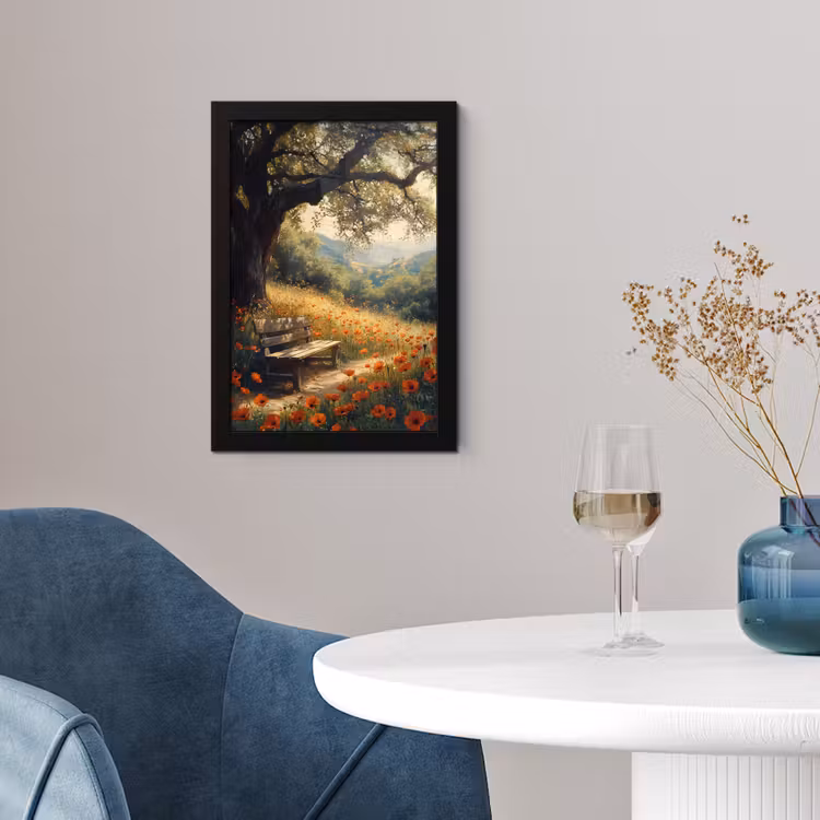 Poster met lijst - Bankje - Boom - Klaprozen - Heuvels — 4