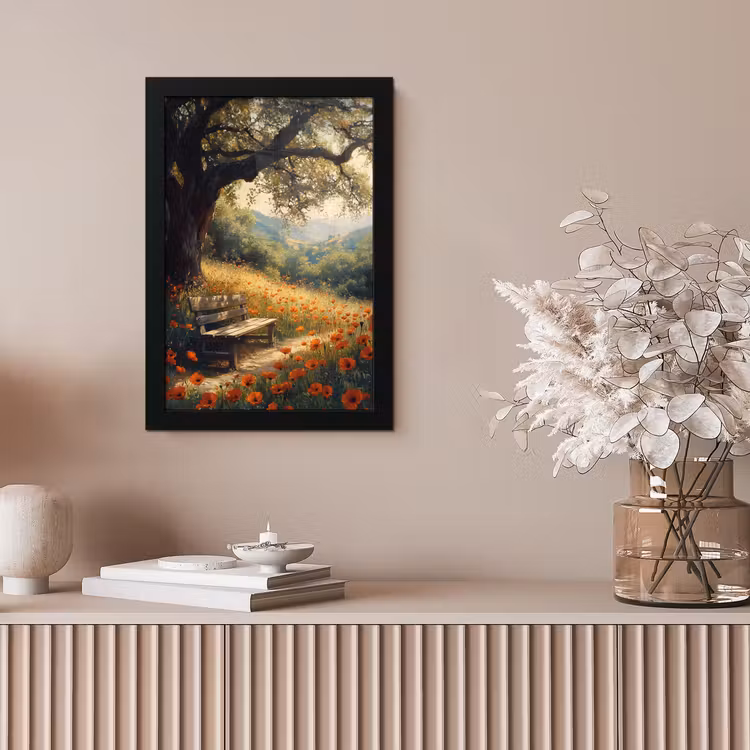 Poster met lijst - Bankje - Boom - Klaprozen - Heuvels — 5