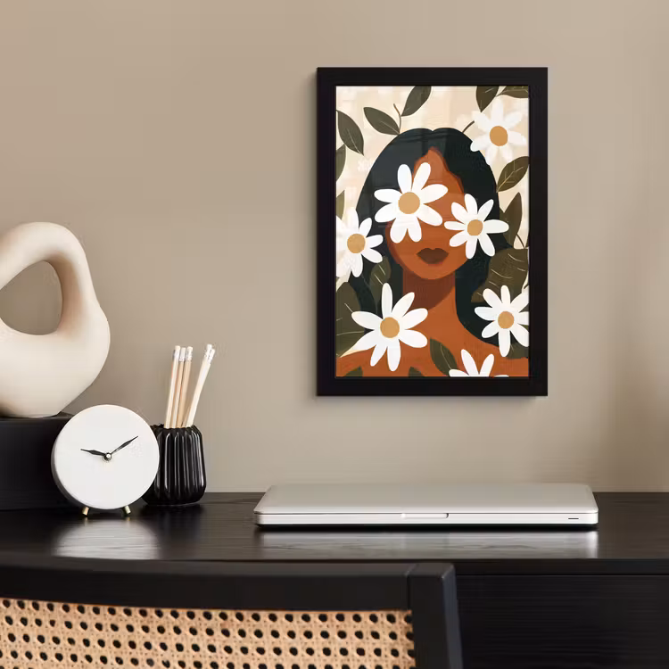 Poster met lijst - Illustratie - Vrouw - Madeliefjes - Wit — 2