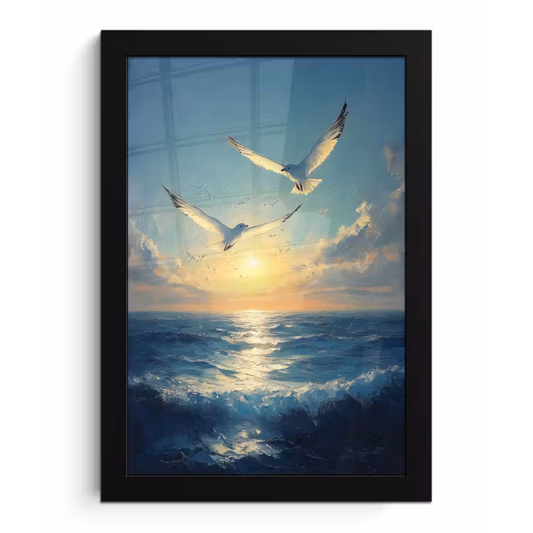 Poster met lijst - Meeuwen - Zee - Wolken -Blauw — 1