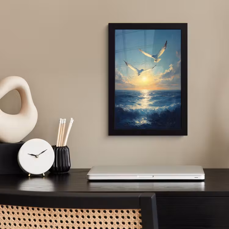 Poster met lijst - Meeuwen - Zee - Wolken -Blauw — 2
