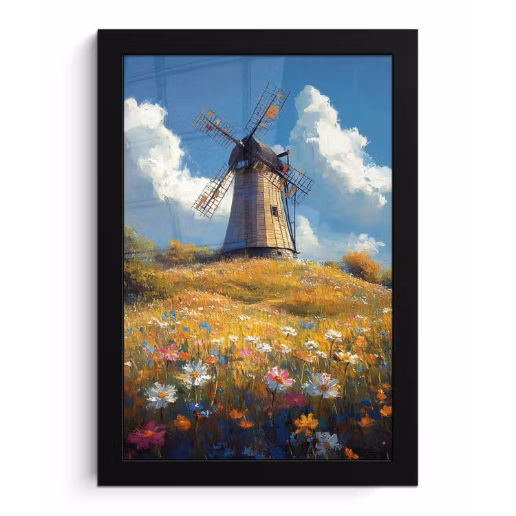 Poster met lijst - Windmolen - Heuvel - Bloemen - Kleurrijk — 1