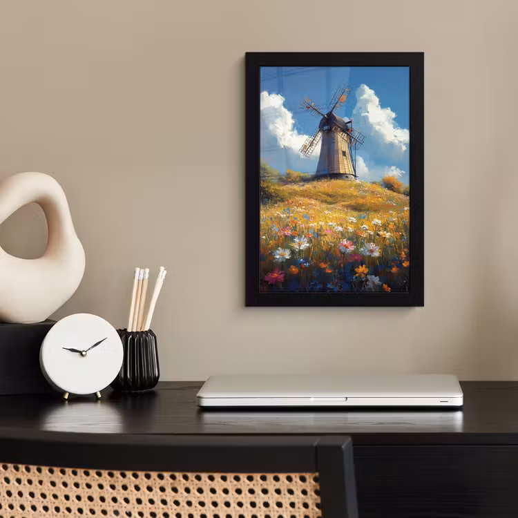 Poster met lijst - Windmolen - Heuvel - Bloemen - Kleurrijk — 2