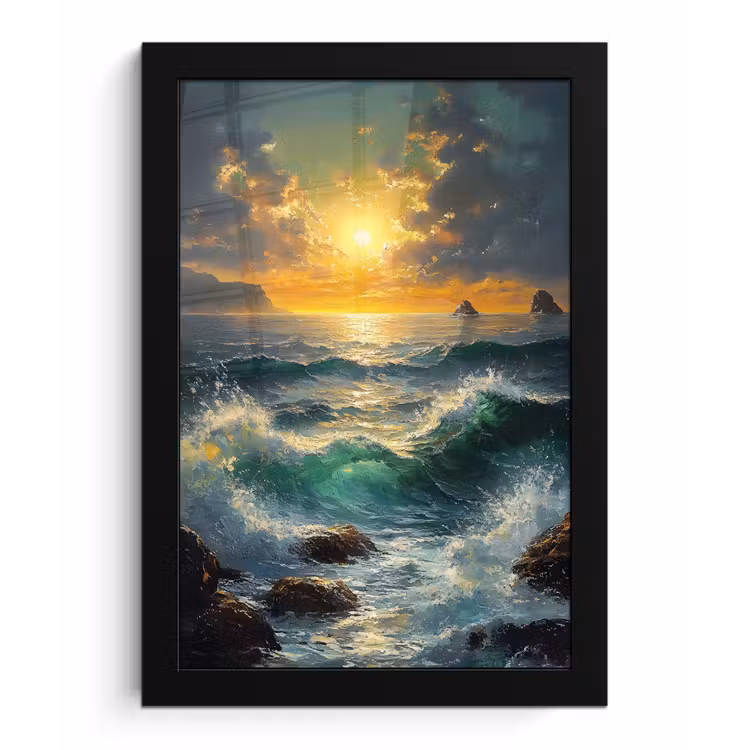 Poster met lijst - Zee - Zon - Golven - Rotsen — 1