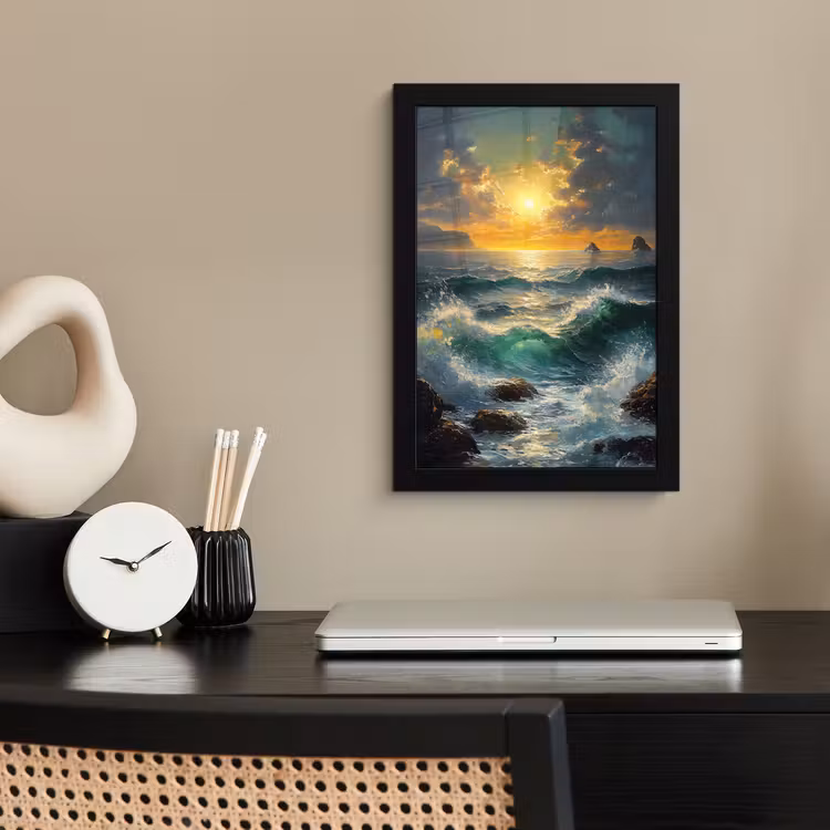Poster met lijst - Zee - Zon - Golven - Rotsen — 2