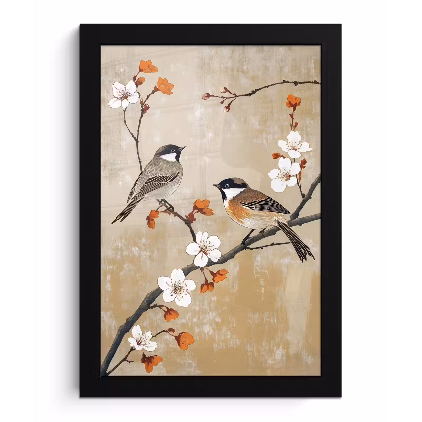 Poster met lijst - Vogels - Bloesemtak - Bloemen - Oranje — 1