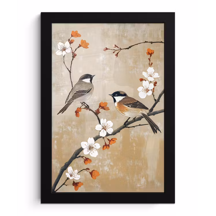 Poster met lijst - Vogels - Bloesemtak - Bloemen - Oranje — 1