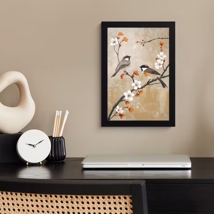Poster met lijst - Vogels - Bloesemtak - Bloemen - Oranje — 2