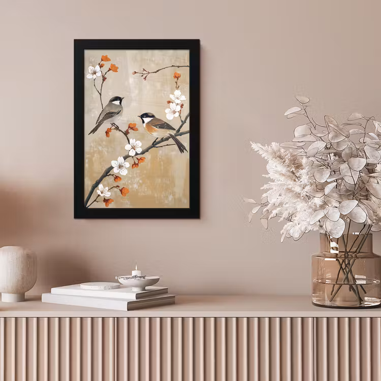 Poster met lijst - Vogels - Bloesemtak - Bloemen - Oranje — 5