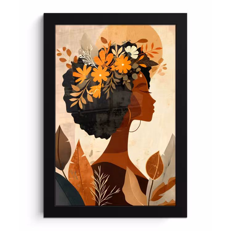 Poster met lijst - Vrouw - Krullen - Bloemen - Beige — 1
