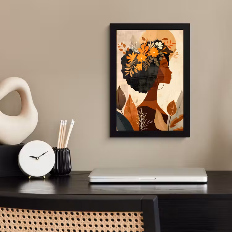 Poster met lijst - Vrouw - Krullen - Bloemen - Beige — 2