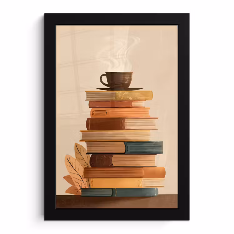 Poster met lijst - Boeken - Toren - Koffie - Beige — 1