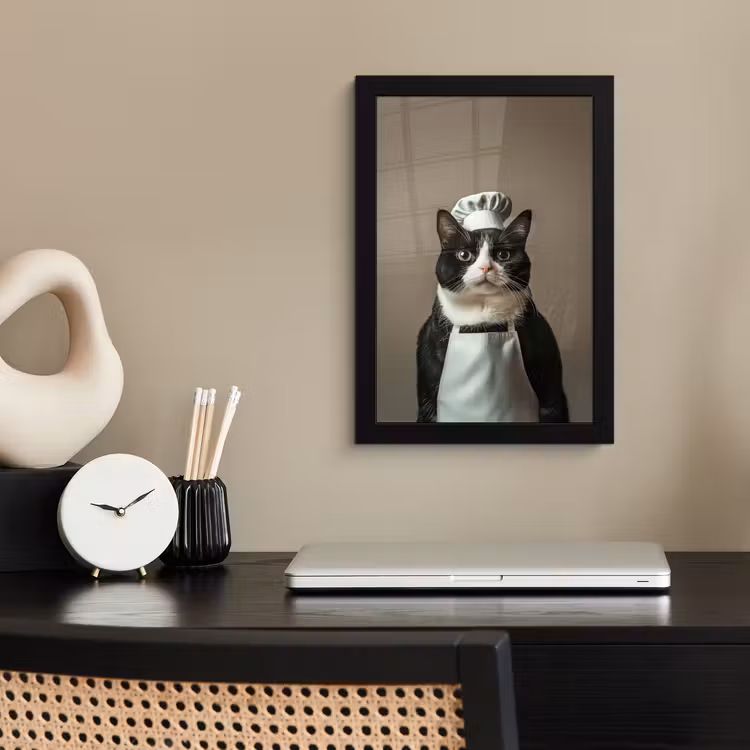 Poster met lijst - Kat - Kokskleding - Zwart - Wit — 2
