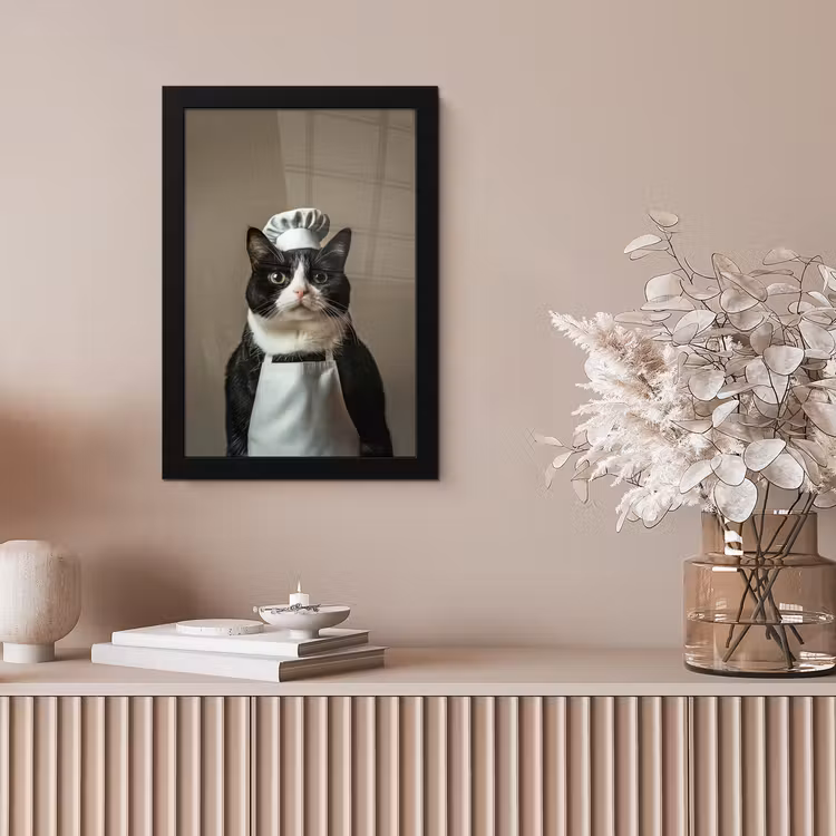 Poster met lijst - Kat - Kokskleding - Zwart - Wit — 5