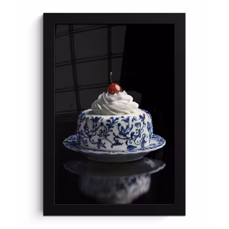 Poster met lijst - Taart - Slagroom - Kers - Bord - Delfts blauw