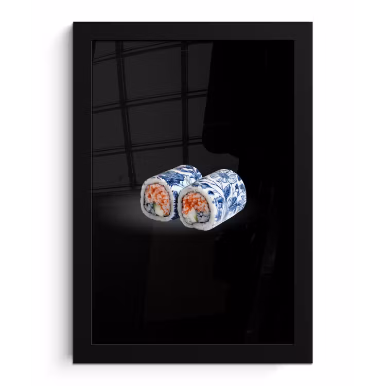 Poster met lijst - Sushi - Delfts blauw - Rijst - Vis - Elegant
