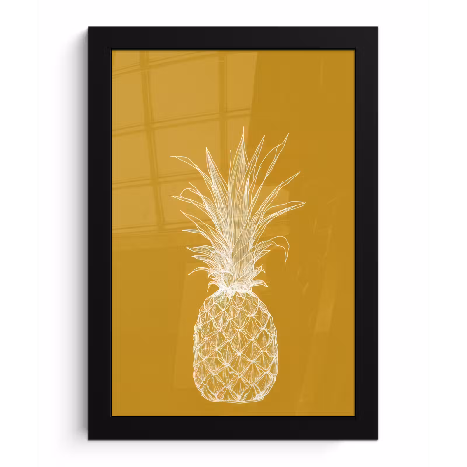 Poster met lijst - Lijnillustratie - Ananas - Bladkroon - Okergeel — 1