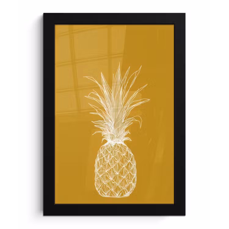 Poster met lijst - Lijnillustratie - Ananas - Bladkroon - Okergeel — 1