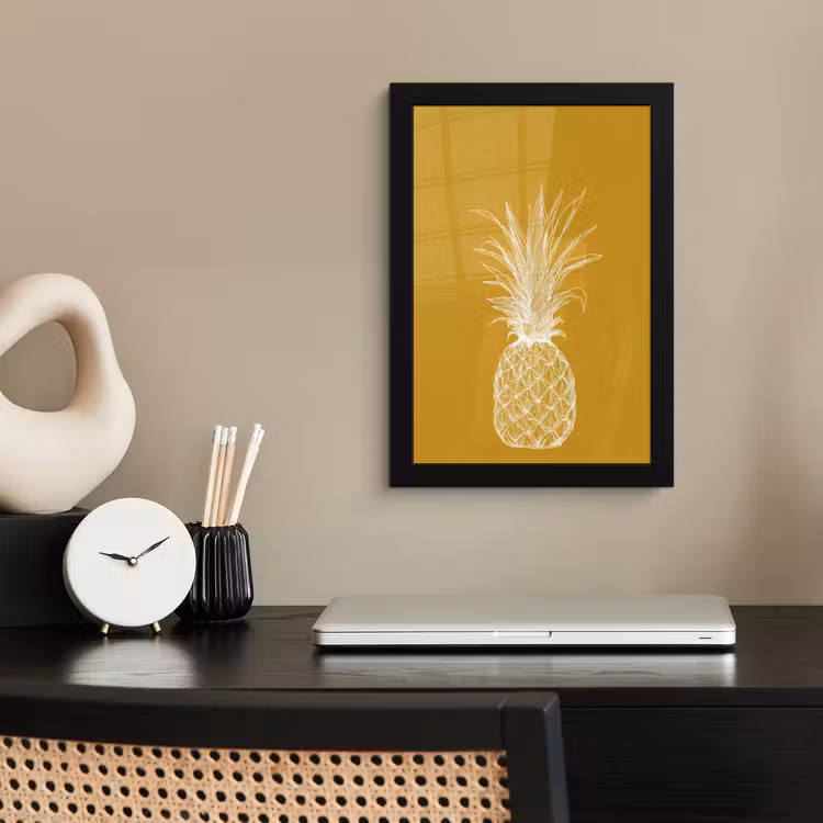 Poster met lijst - Lijnillustratie - Ananas - Bladkroon - Okergeel — 2
