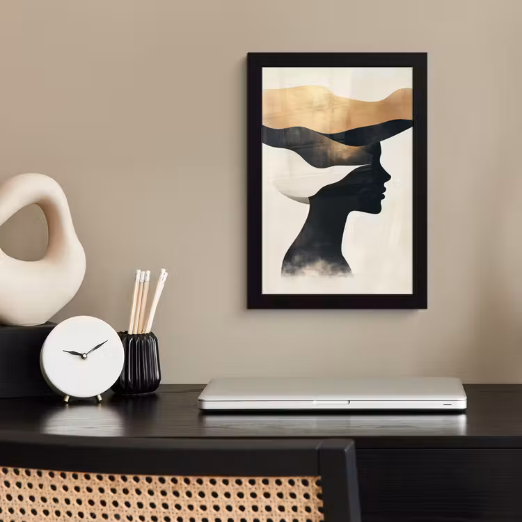 Poster met lijst - Silhouet Vrouw Abstracte Golvende Vormen — 2