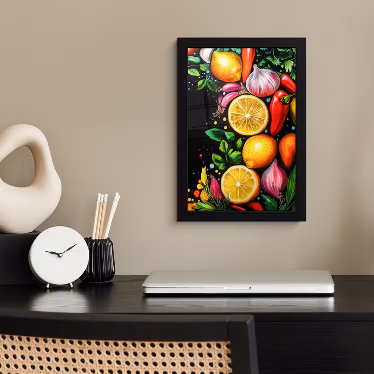 Poster met lijst - Citroenen Knoflook Paprika Zwarte Achtergrond — 2
