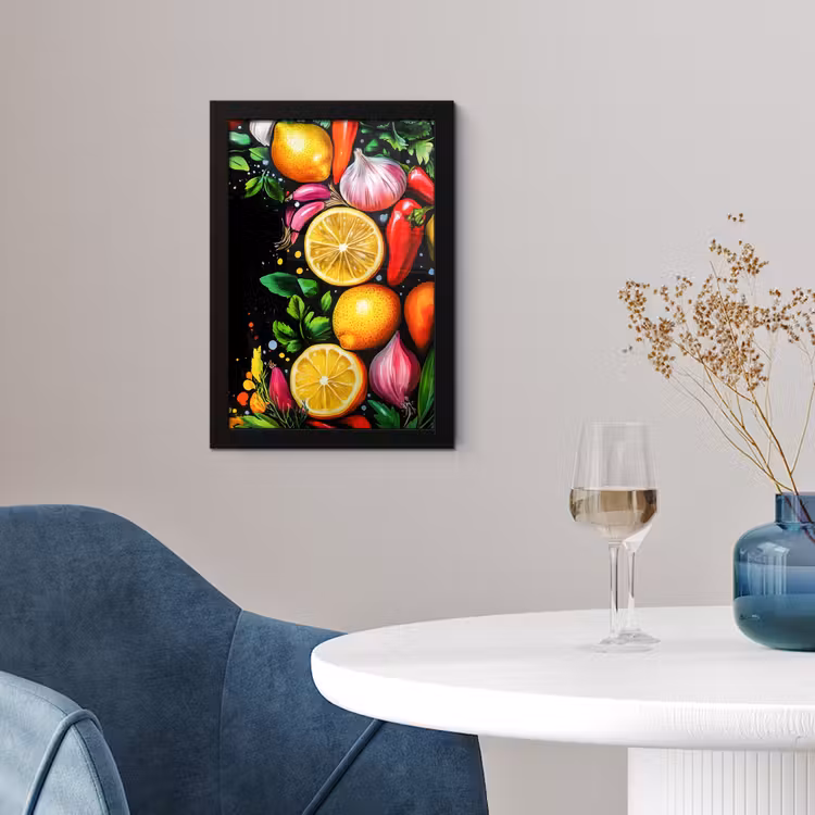 Poster met lijst - Citroenen Knoflook Paprika Zwarte Achtergrond — 4