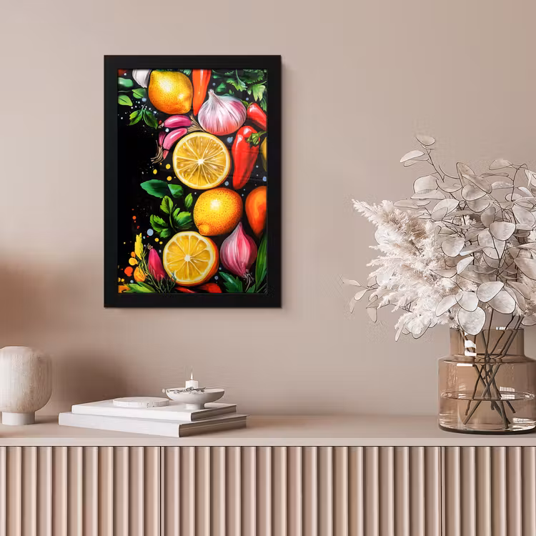 Poster met lijst - Citroenen Knoflook Paprika Zwarte Achtergrond — 5