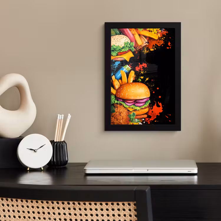 Poster met lijst - Hamburgers Frietjes Zwarte Achtergrond — 2