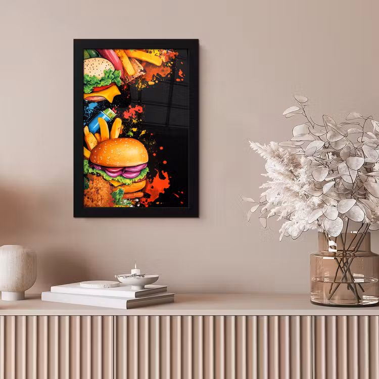 Poster met lijst - Hamburgers Frietjes Zwarte Achtergrond — 5