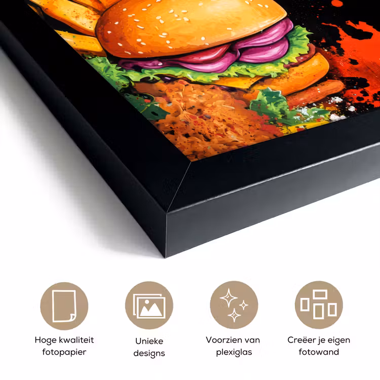 Poster met lijst - Hamburgers Frietjes Zwarte Achtergrond — 6