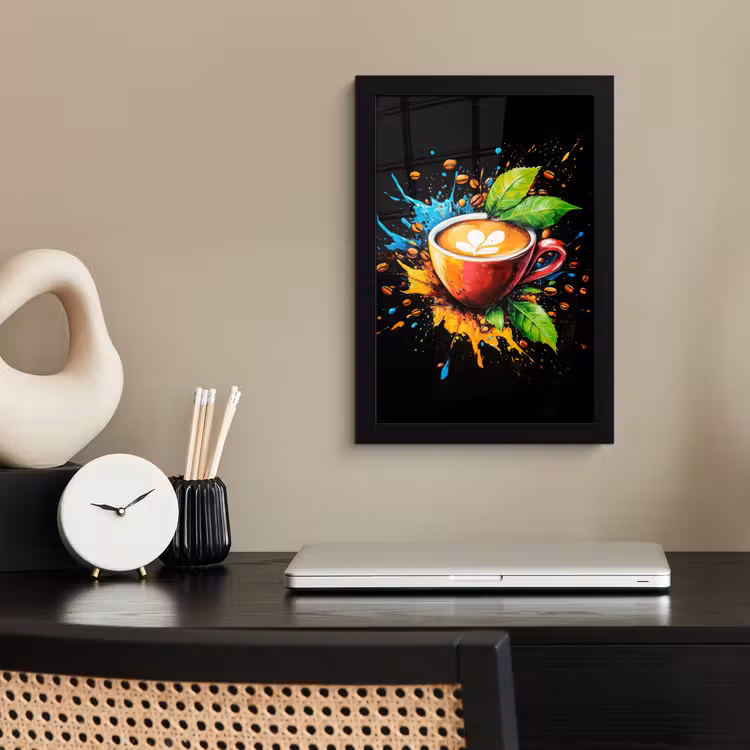 Poster met lijst - Koffiekopje met Koffiebonen Verfspetters — 2