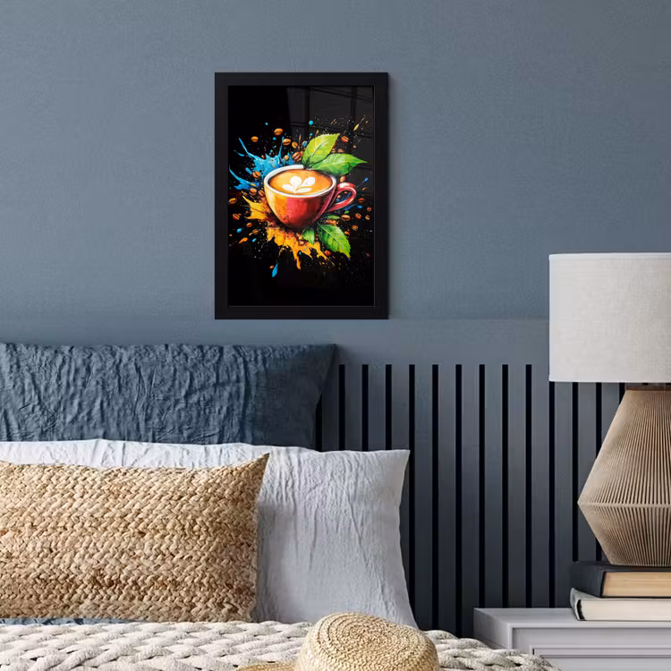 Poster met lijst - Koffiekopje met Koffiebonen Verfspetters — 3