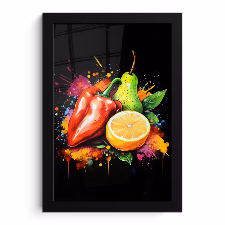 Poster met lijst - Paprika Peer Citroen Verfspetters
