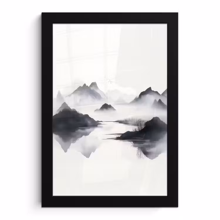 Poster met lijst - Bergen - Mistig - Water - Wit