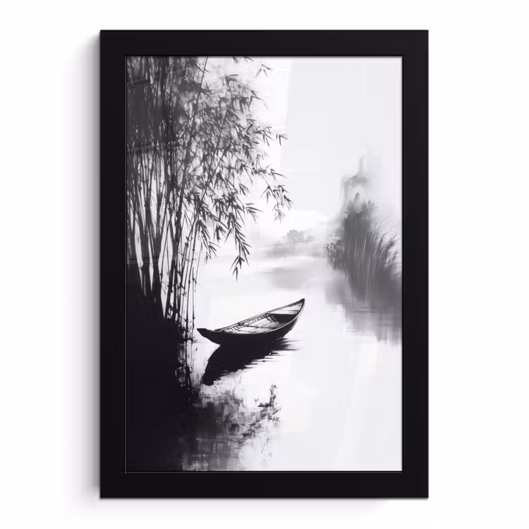 Poster met lijst - Boot - Rivier - Bamboe - Wit