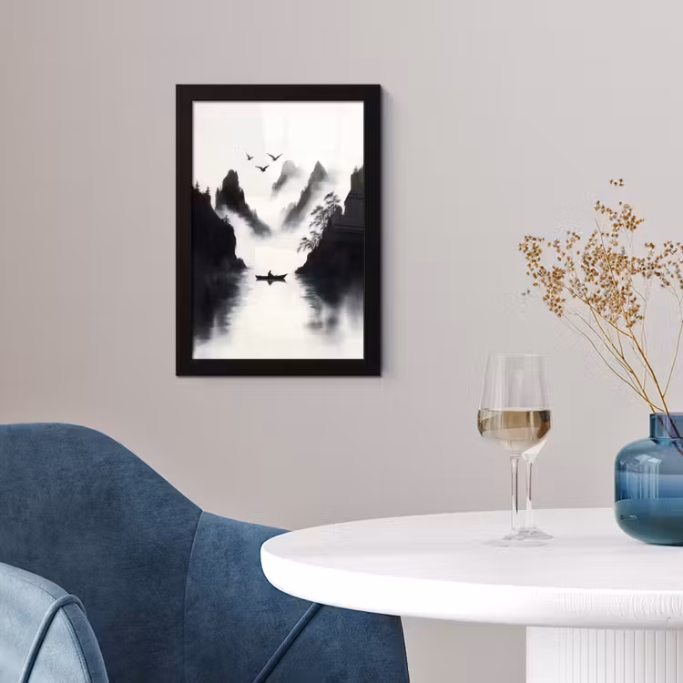 Poster met lijst - Roeiboot - Mistig - Bergen - Vogels — 4