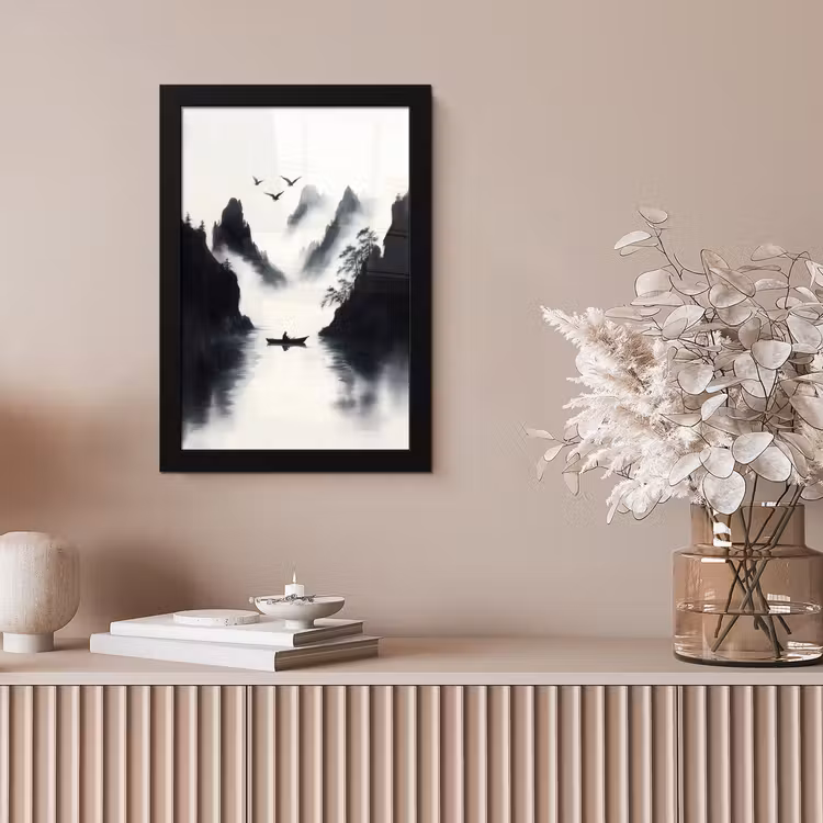 Poster met lijst - Roeiboot - Mistig - Bergen - Vogels — 5